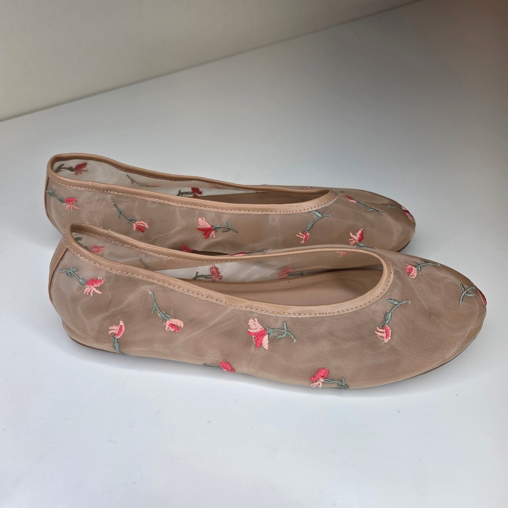 Lulus Nude Sheer Mesh Floral Embroidered Ballet Flats Size 10 Balletcore Slip On